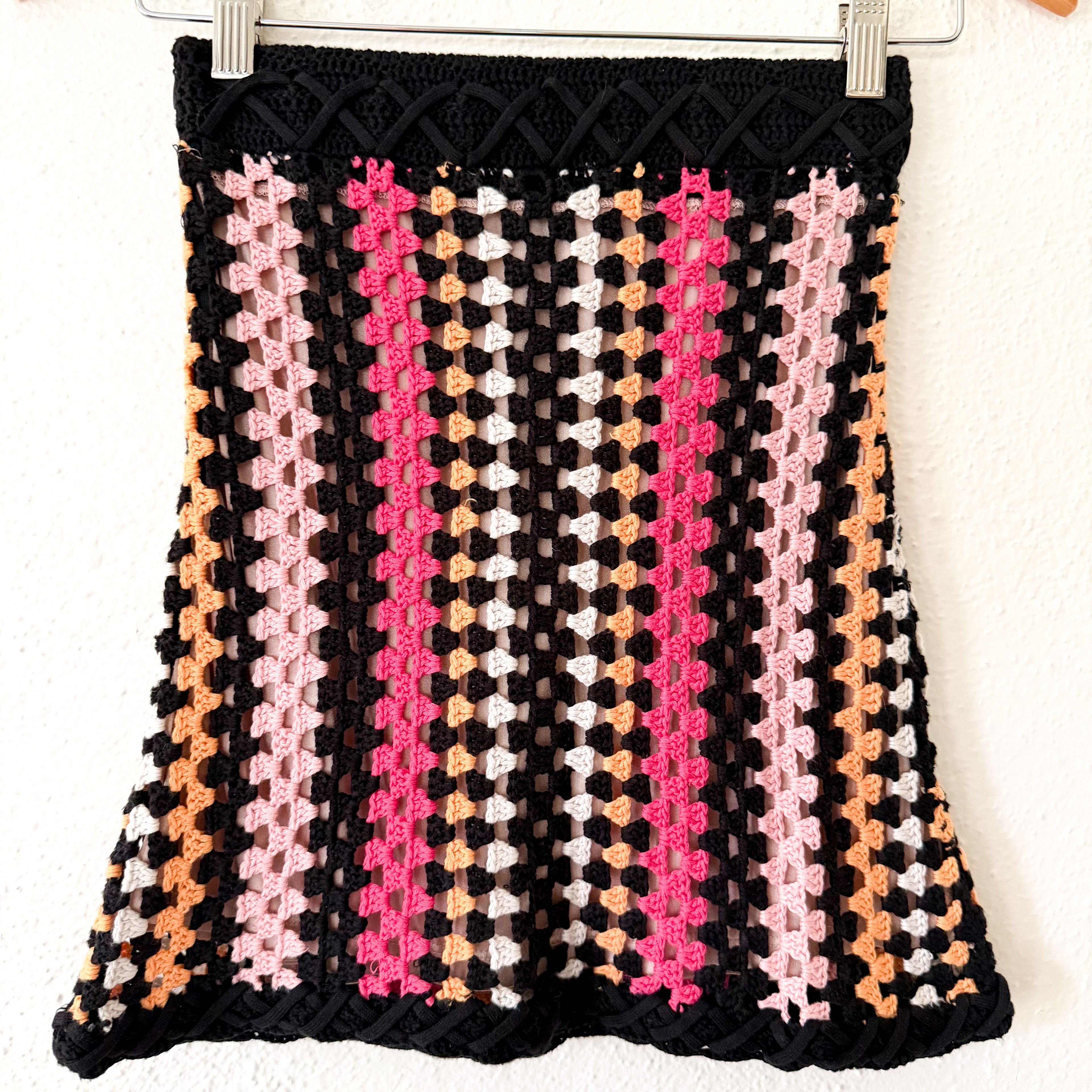 NBD Revolve Crochet Pink & Black Strapless Tube Top | XS