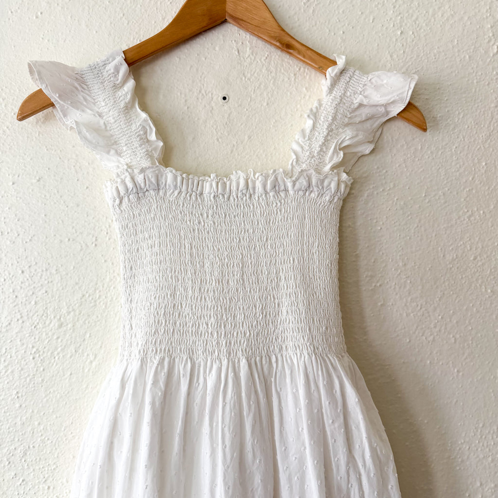 O.P.T. Calypso Cotton Smocked White Swiss Dot Midi Dress | XS