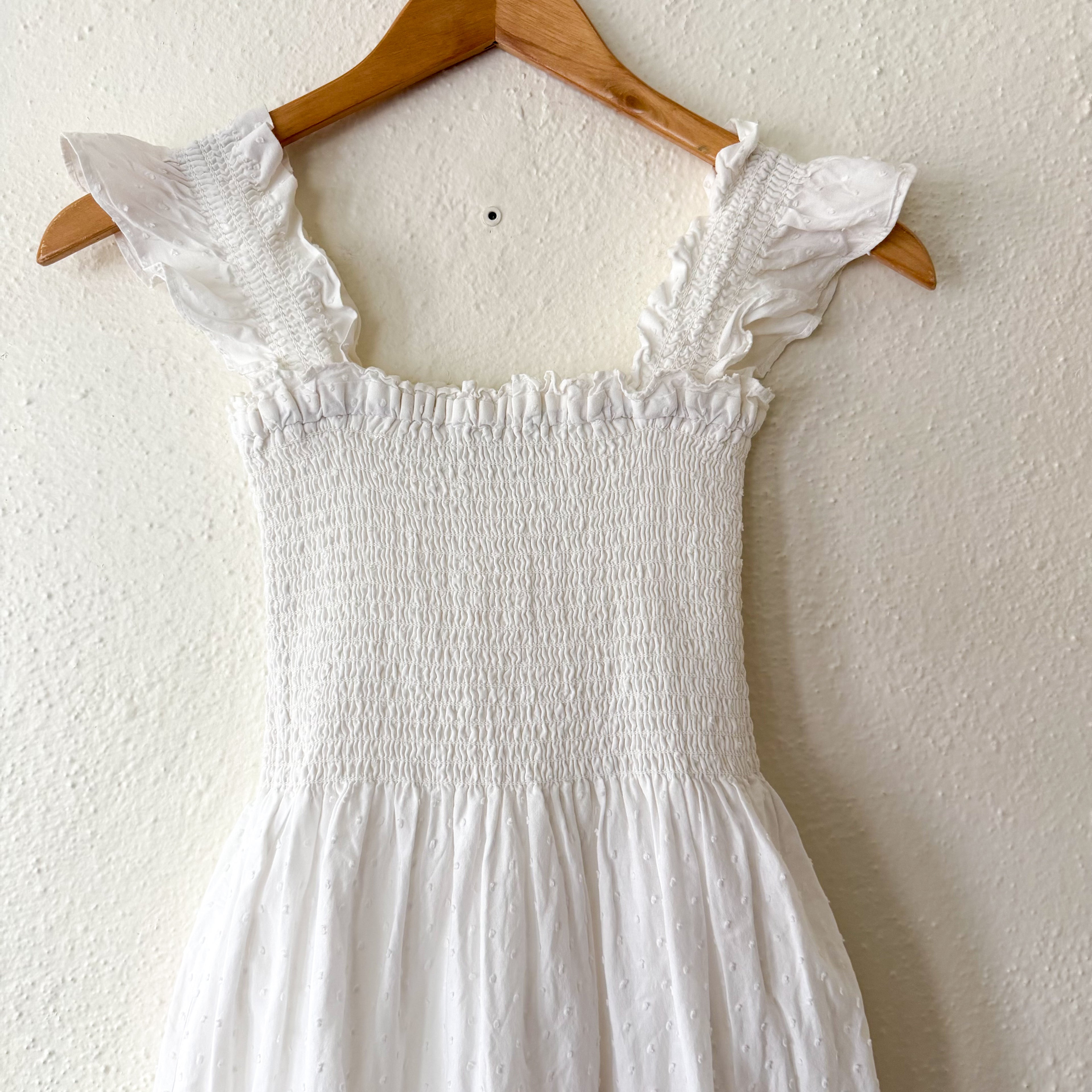 O.P.T. Calypso Cotton Smocked White Swiss Dot Midi Dress | XS