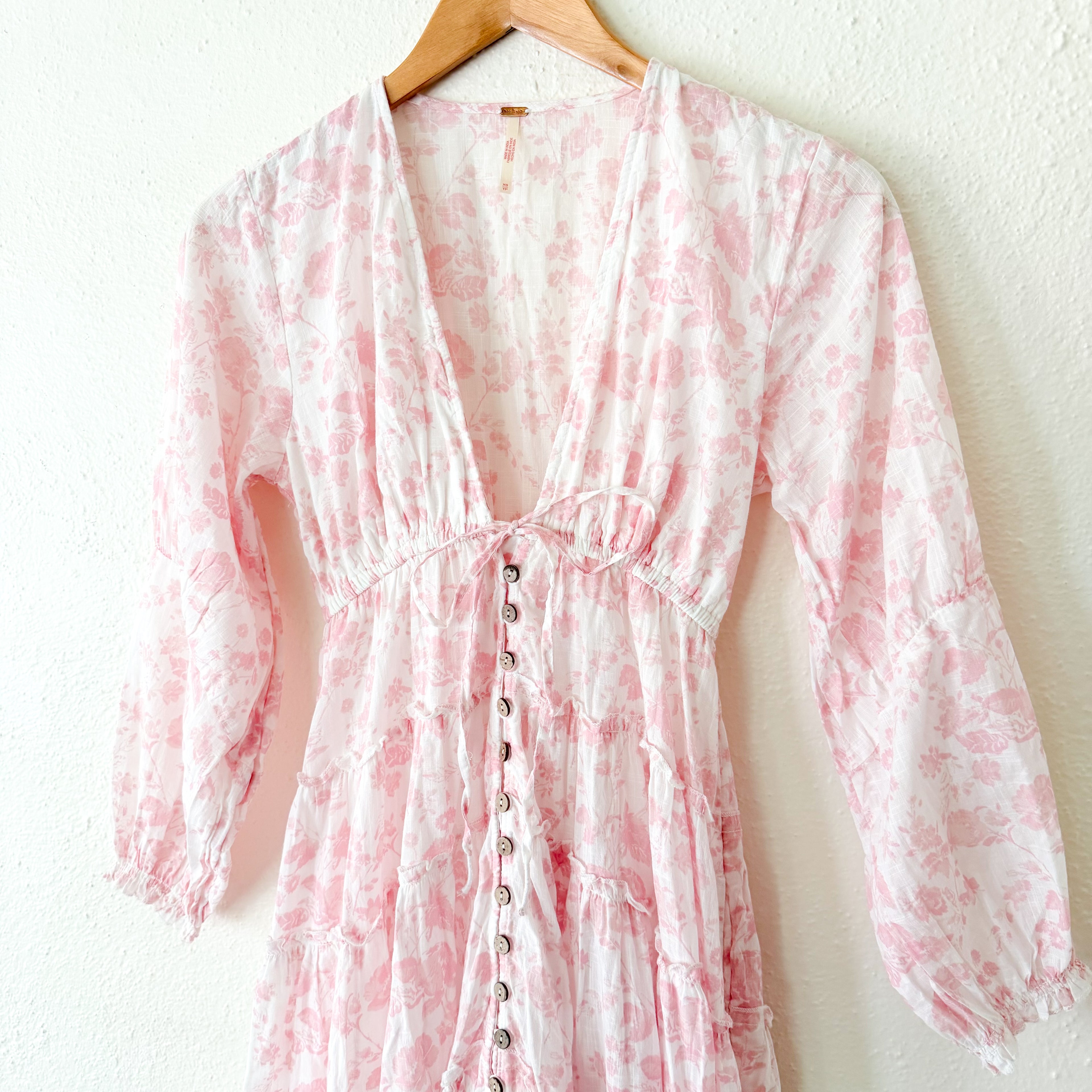 Free People Pappiet Midi Long Sleeve Boho Dress in Pink Ivory Floral | XS