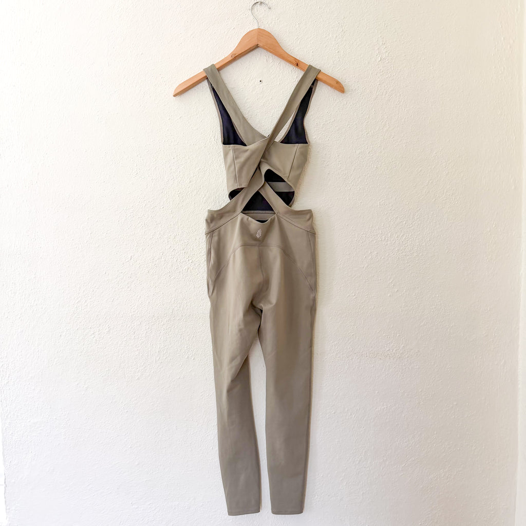 Free People Movement Back It Up Onesie Jumpsuit in Sage Beige | XS