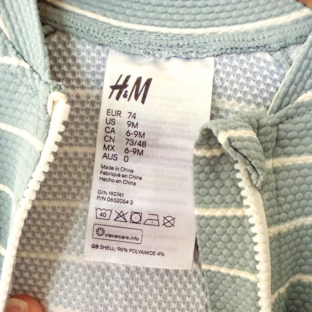 H&M Dusty Ocean Blue Cream Stripe Long Sleeve Zipper Swimsuit | 6-9m