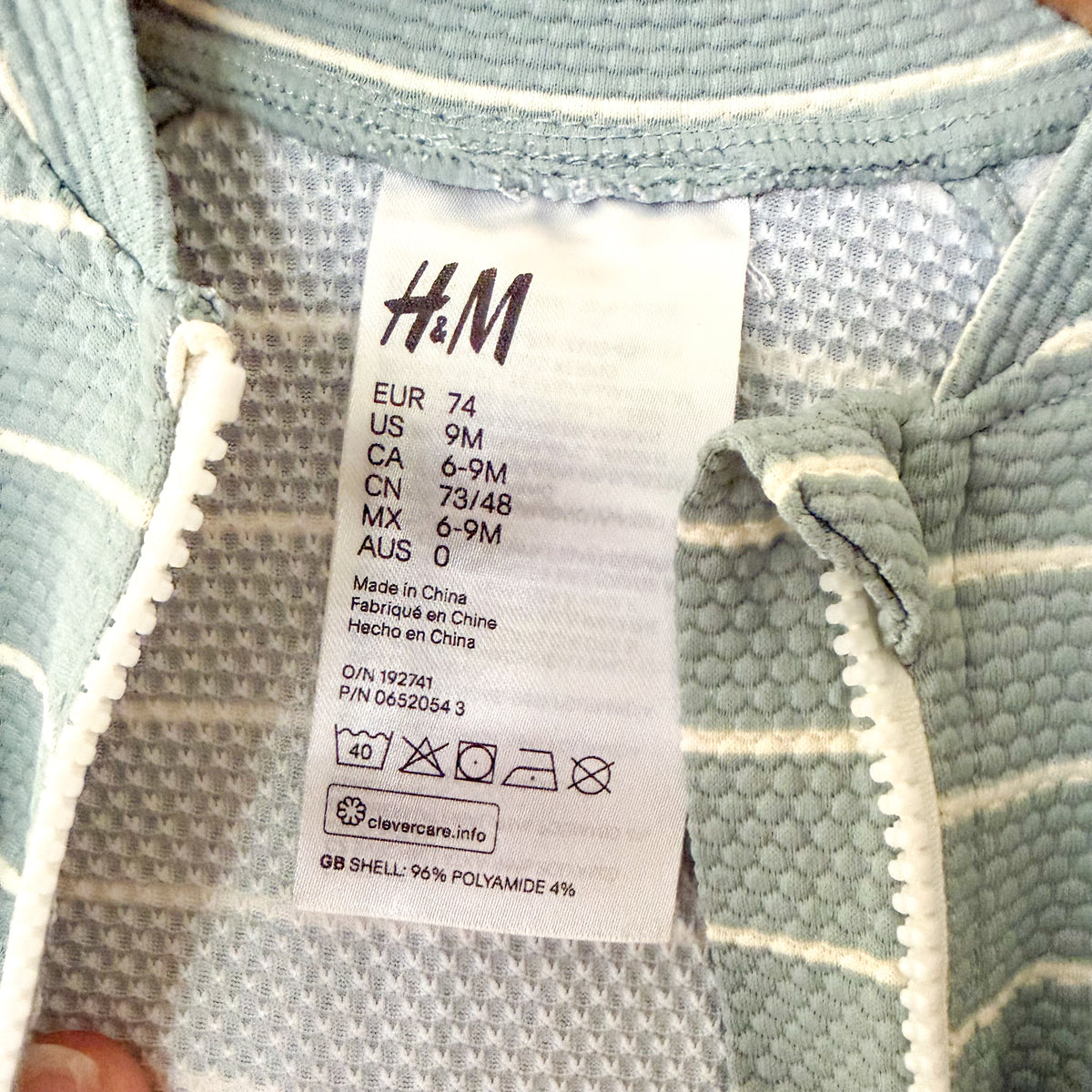 H&M Dusty Ocean Blue Cream Stripe Long Sleeve Zipper Swimsuit | 6-9m