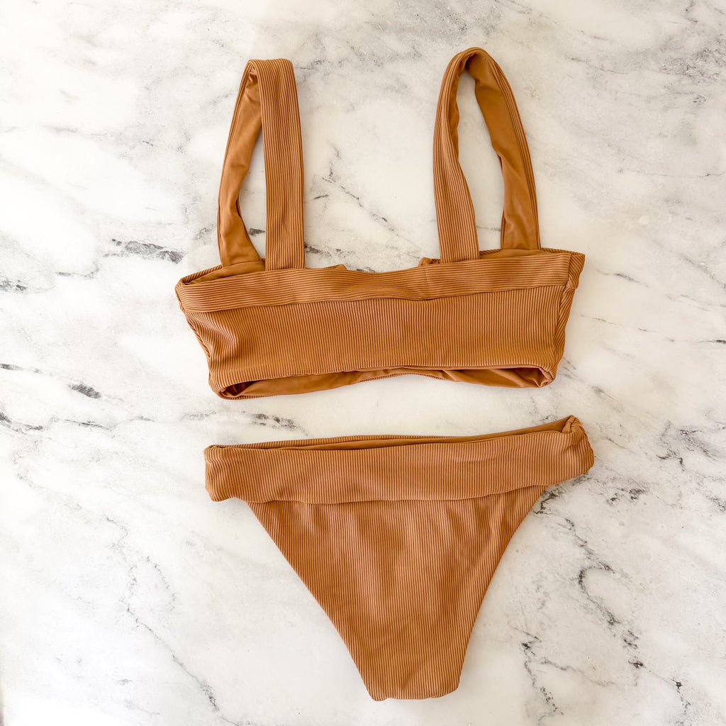 Ribbed V-Notched Bikini Top + Low Rise Bikini Bottoms in Camel | XS