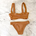 Ribbed V-Notched Bikini Top + Low Rise Bikini Bottoms in Camel | XS