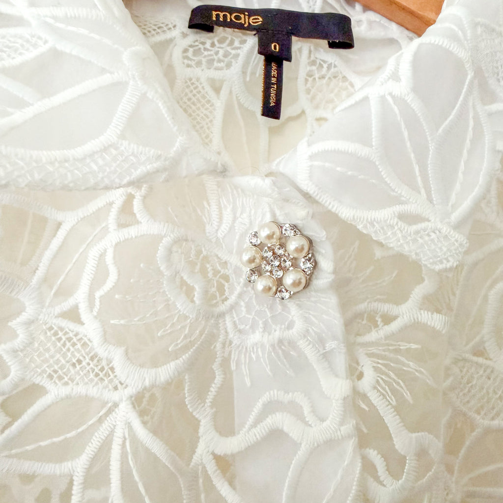 Maje Cropped Floral Lace Broderie Sheer Blouse in White | 0