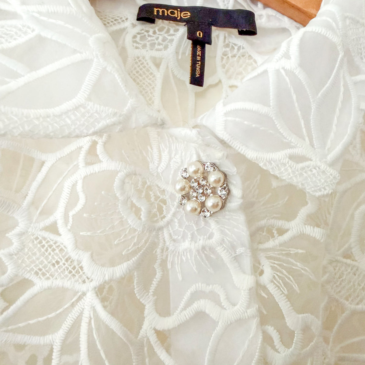 Maje Cropped Floral Lace Broderie Sheer Blouse in White | 0