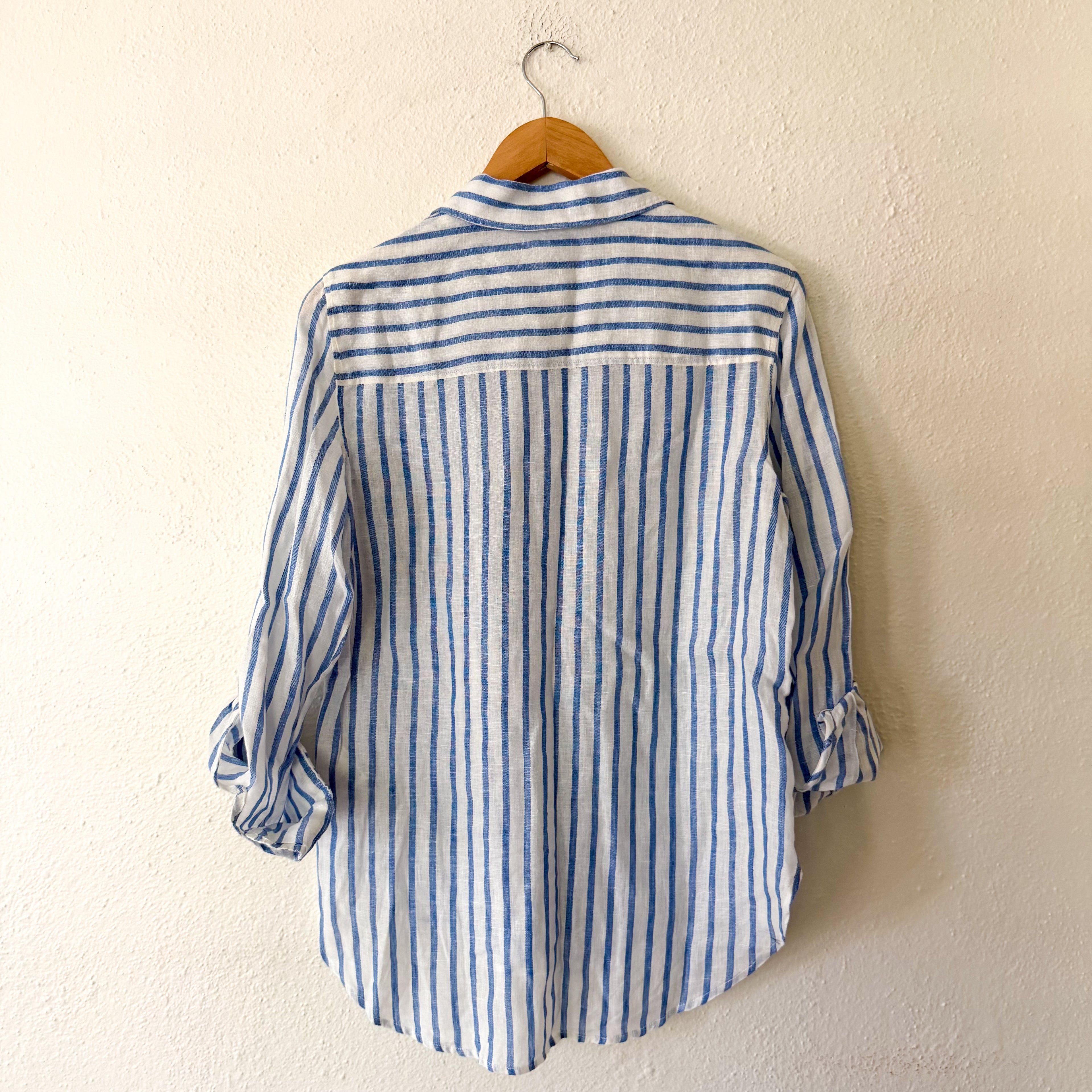 H&M 100% Linen Blue & White Stripe Button Down Long Sleeve Shirt | XS