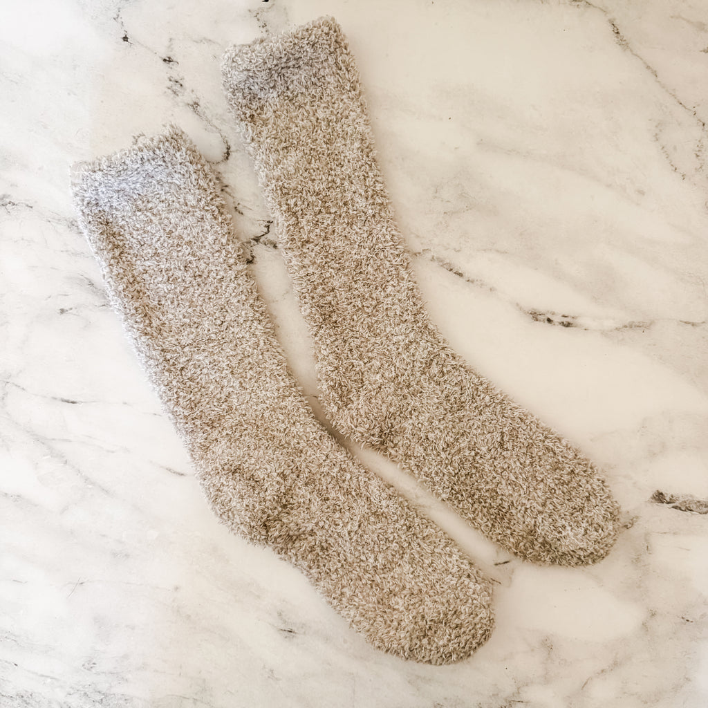 Barefoot Dreams CozyChic Heathered High Socks in Stone White Marl | OS
