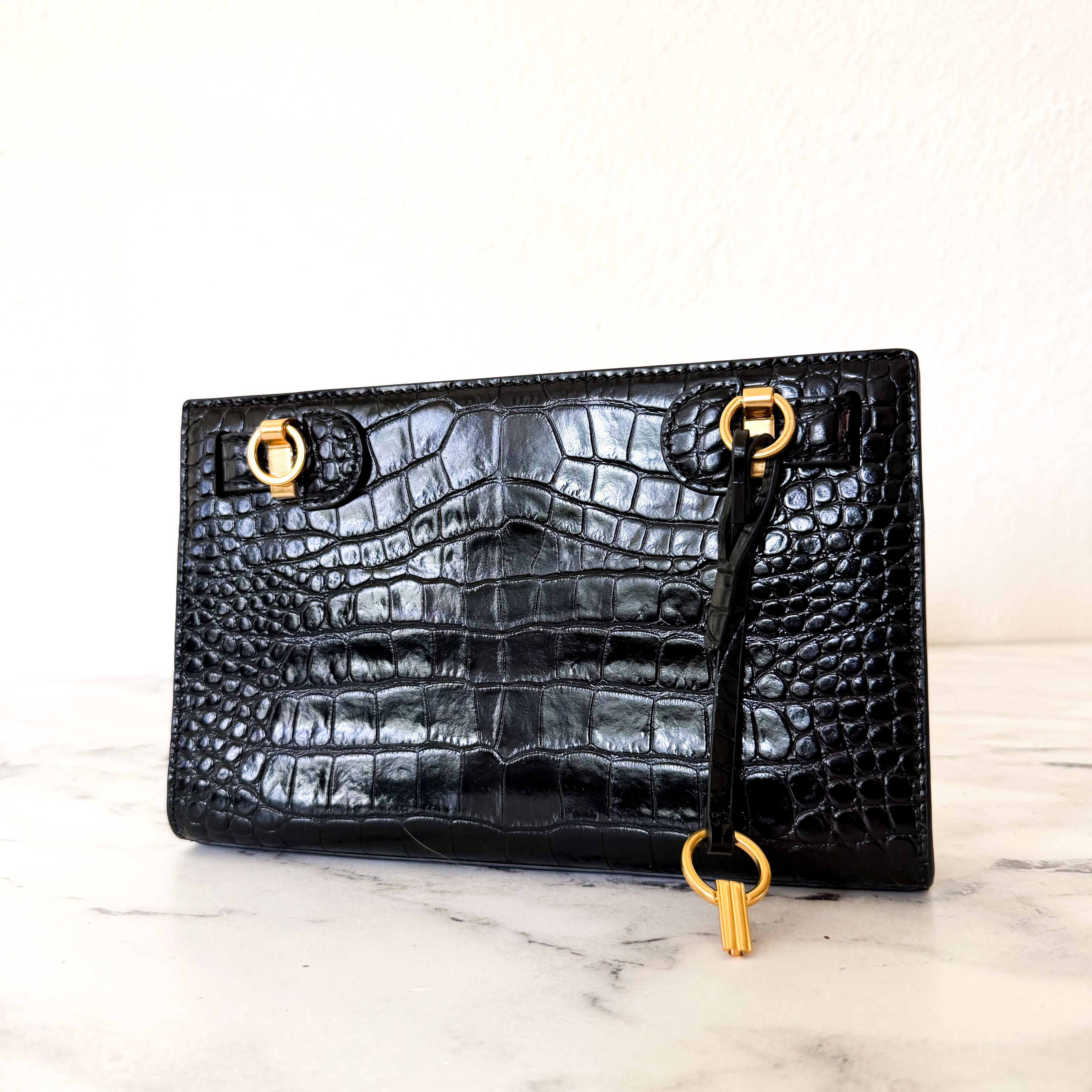 Tory Burch Lee Radziwill Black Croc-Embossed Leather Petite Bag