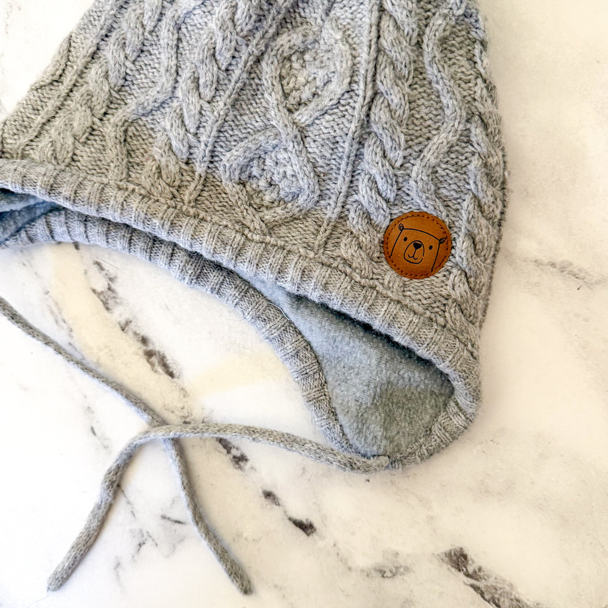 H&M Toddler Grey Cable Knit Pom Pom Beanie with Ear Flaps + Ties