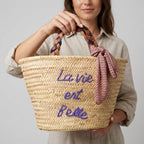 La Vie Est Belle Straw French Market Tote with Braided Leather Handles & Scarf
