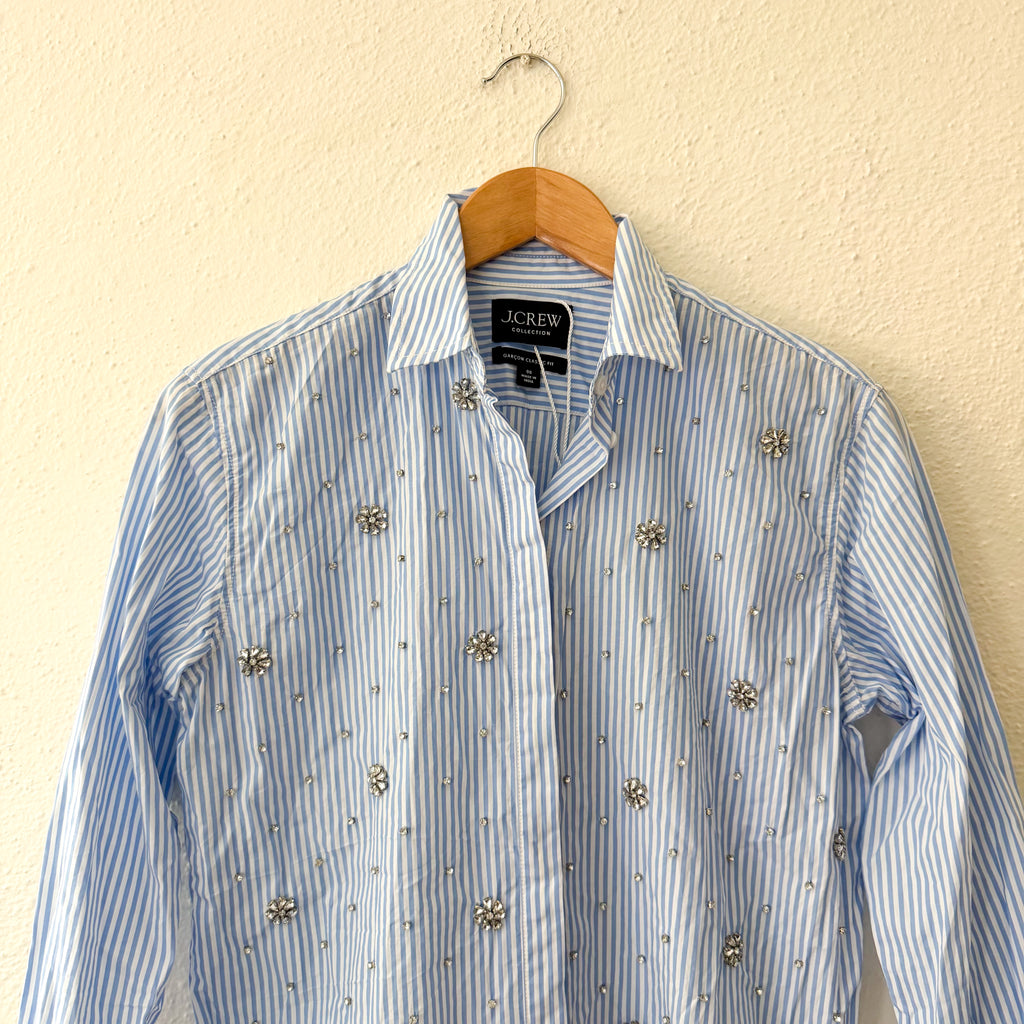 J.Crew Collection Garçon Button Down Rhinestone Embellished Long Sleeve Dress Shirt in Blue Pinstripe | 00