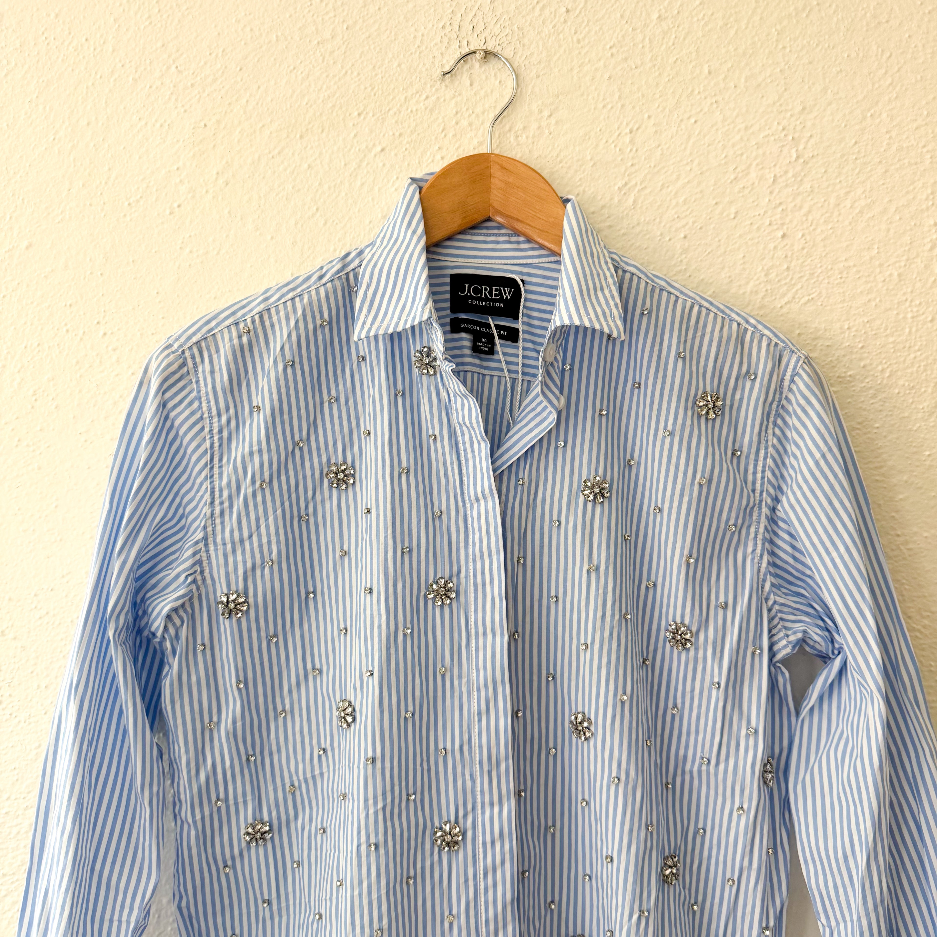 J.Crew Collection Garçon Button Down Rhinestone Embellished Long Sleeve Dress Shirt in Blue Pinstripe | 00