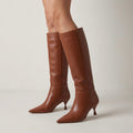 Larroudé Georgia Pointed Toe Boots in Shine Kids Skin Caramel | 6.5