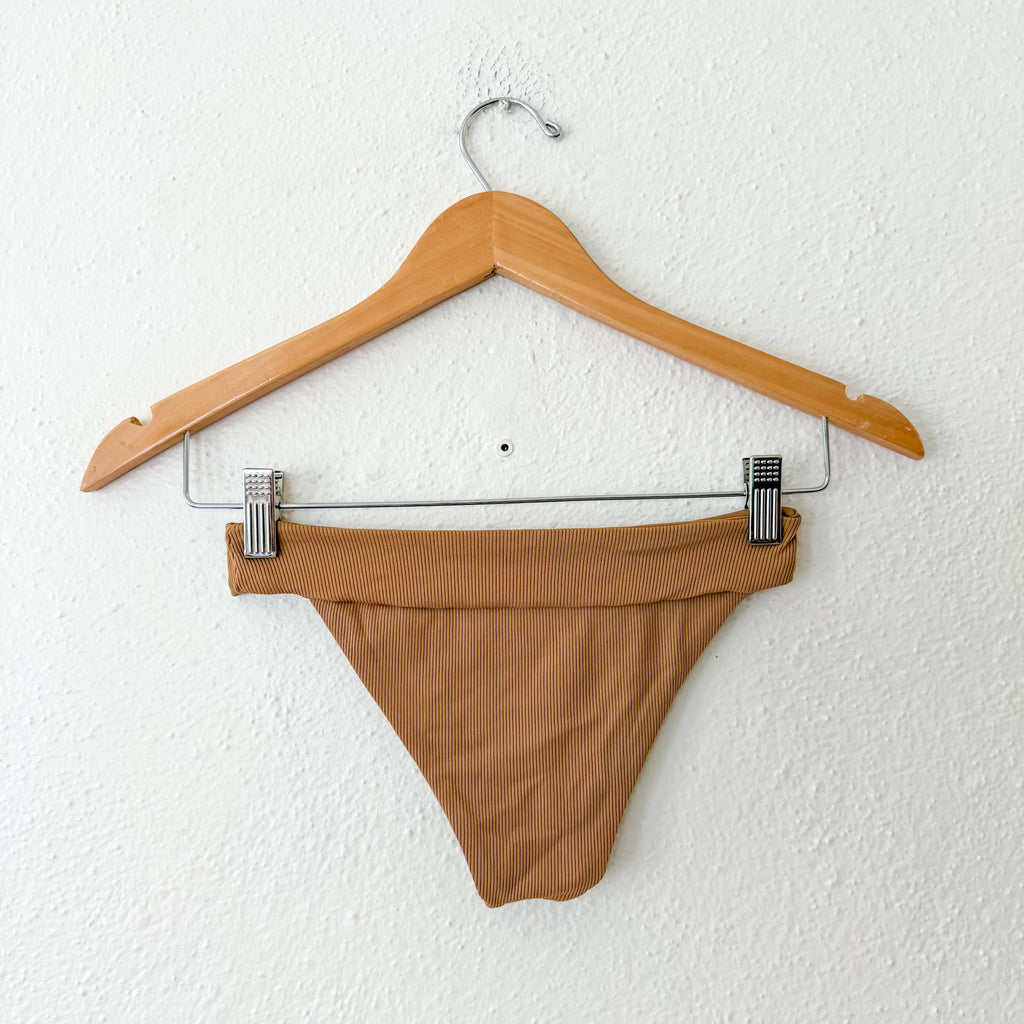 Ribbed V-Notched Bikini Top + Low Rise Bikini Bottoms in Camel | XS