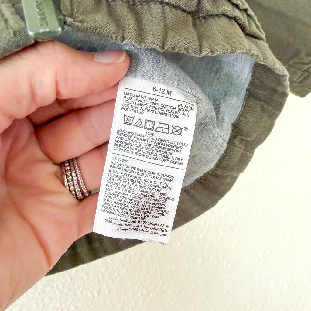 Old Navy Olive Green Lightweight Canvas Utility Zipper Jacket with Grey Lining | 6-12m