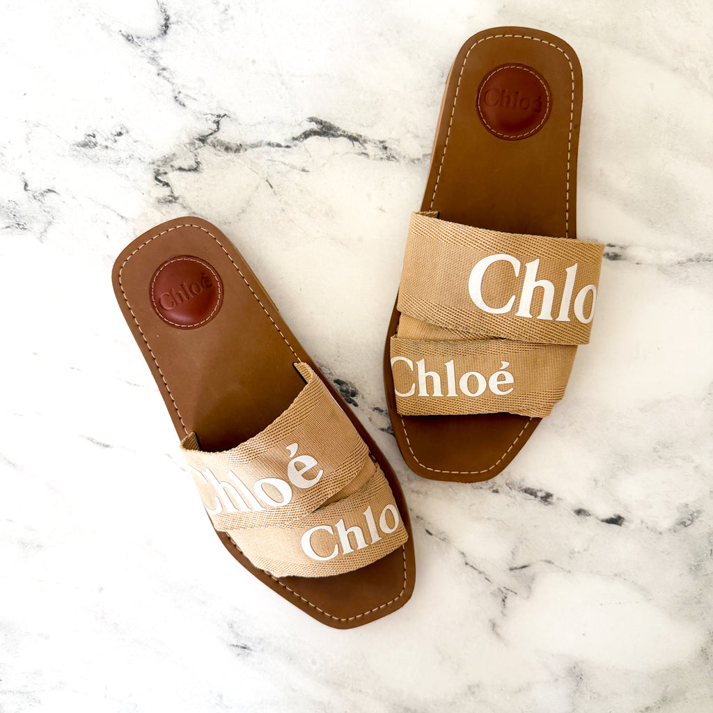 Chloé Woody Flat Logo Tan White Ribbon Slide Sandals, sz 37/6.5