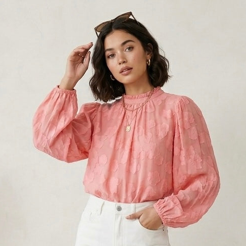 Ulla Johnson Sheer Silk Blend Floral Ruffle Mock Neck in Coral | 2