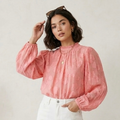 Ulla Johnson Sheer Silk Blend Floral Ruffle Mock Neck in Coral | 2