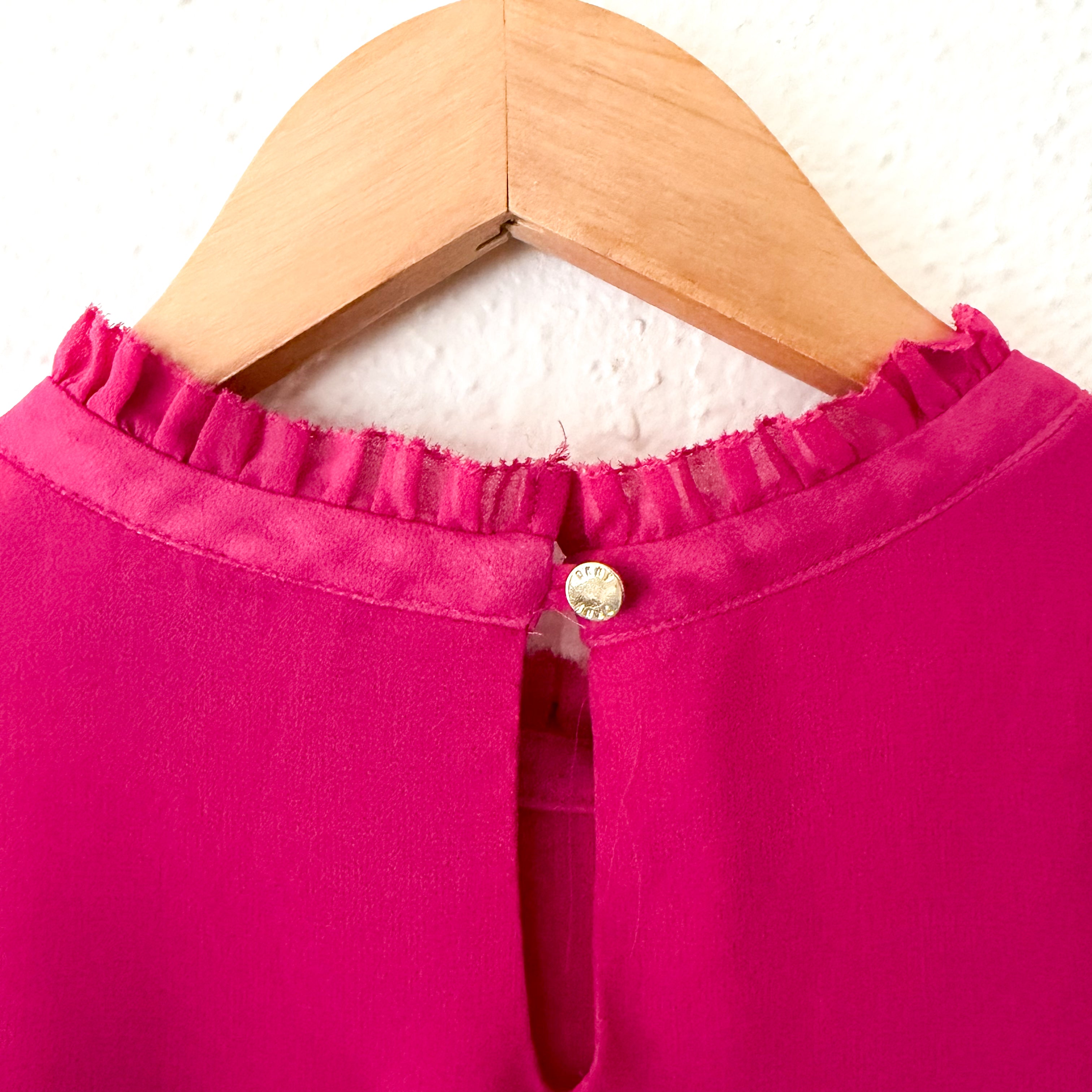 DKNY Sleeveless Ruffle Silky Chiffon Blouse in Hot Pink | S