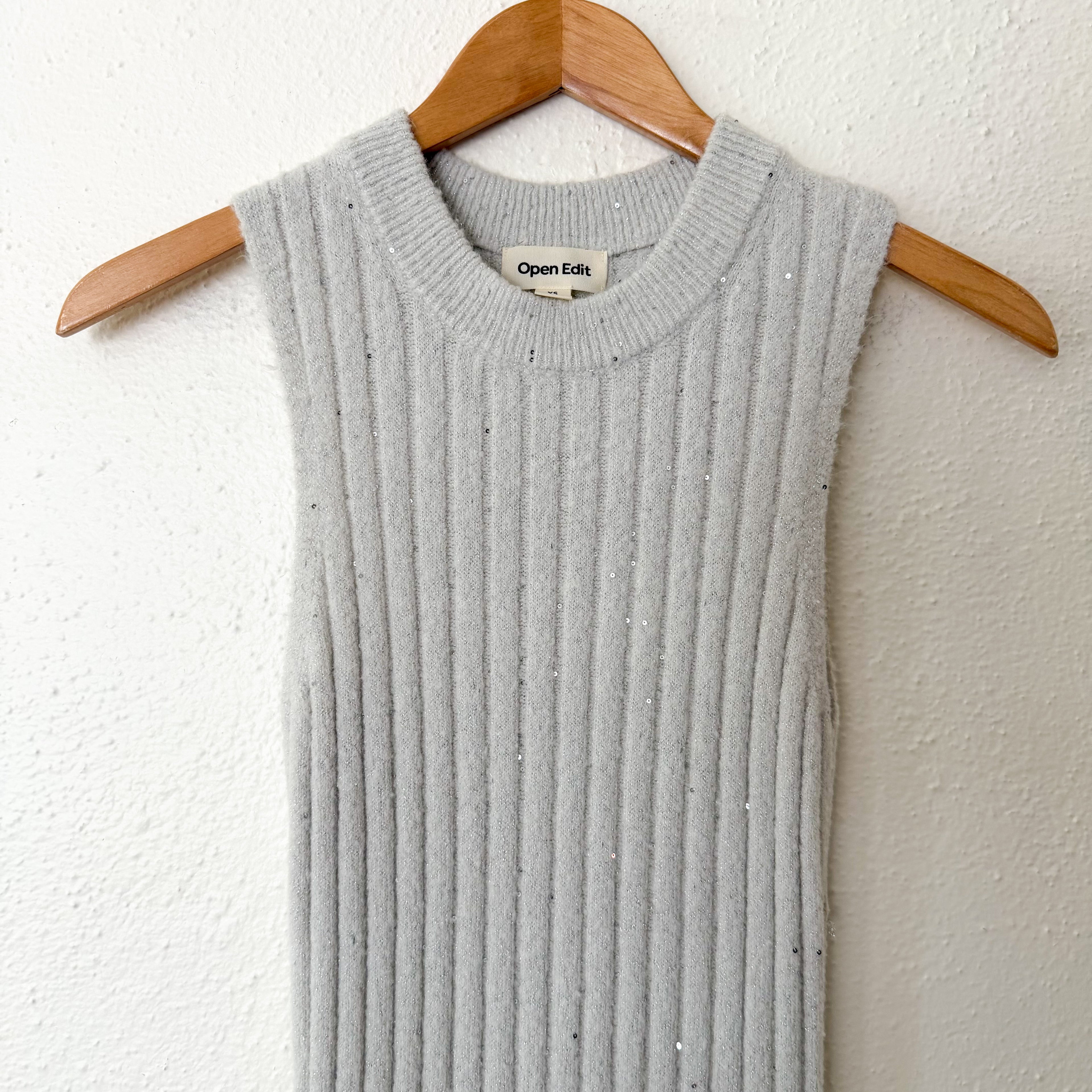 Open Edit Sleeveless Crewneck Sequin Ribbed Midi Sweater Dress in Ice Grey | XS