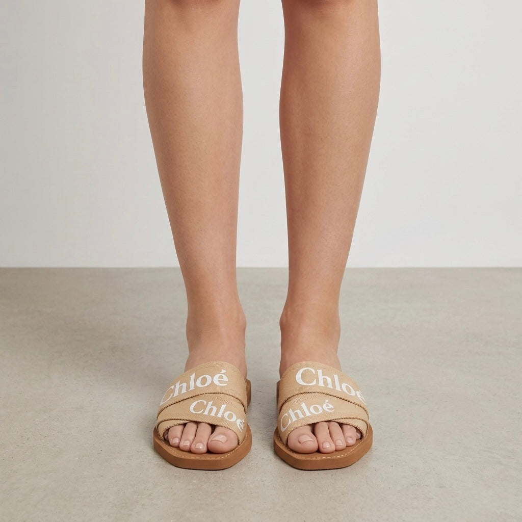 Chloé Woody Flat Logo Tan White Ribbon Slide Sandals, sz 37/6.5