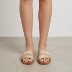 Chloé Woody Flat Logo Tan White Ribbon Slide Sandals, sz 37/6.5