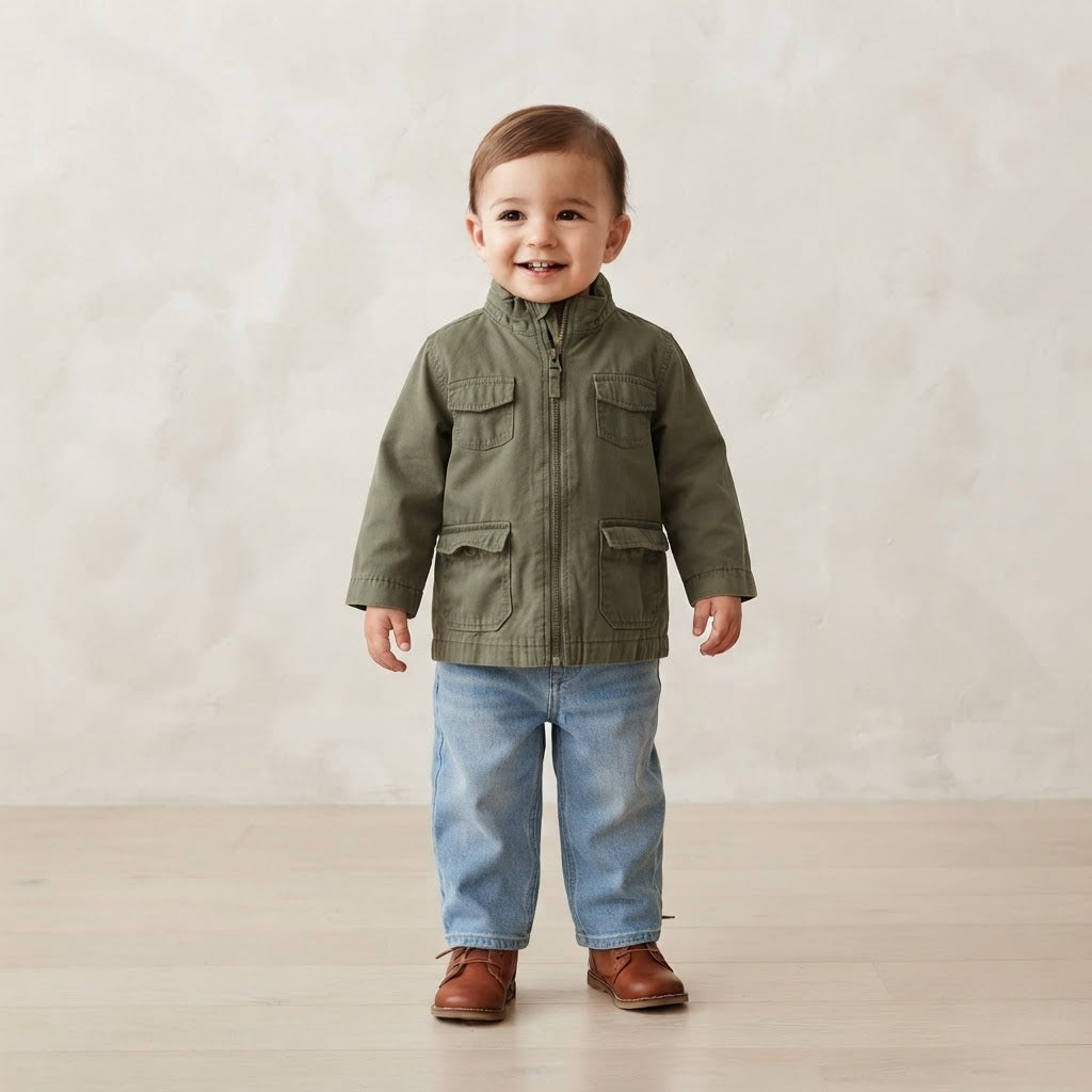 Old Navy Olive Green Lightweight Canvas Utility Zipper Jacket with Grey Lining | 6-12m