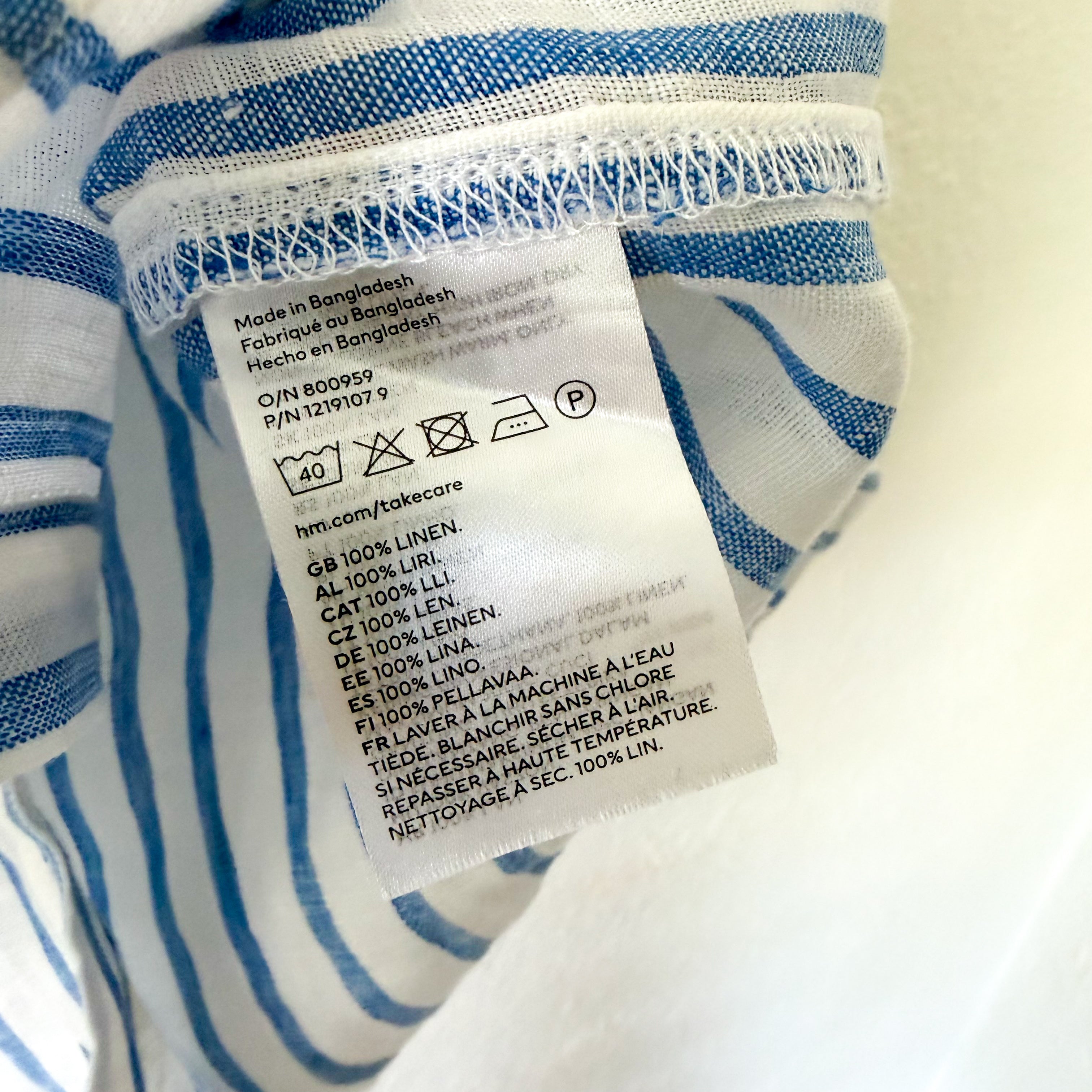 H&M 100% Linen Blue & White Stripe Button Down Long Sleeve Shirt | XS