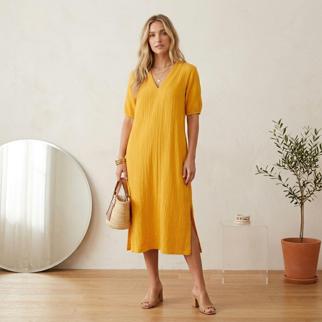 LAKE Golden Yellow 100% Cotton Gauze Caftan Midi Dress | XS