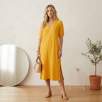 LAKE Golden Yellow 100% Cotton Gauze Caftan Midi Dress | XS