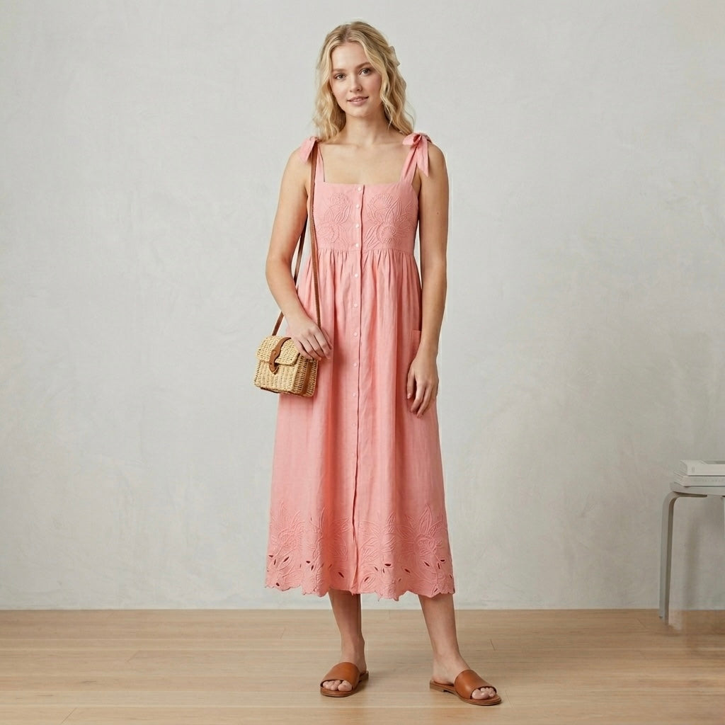 Juliet Dunn London Pink Floral Embroidered Cotton Midi Dress | 1