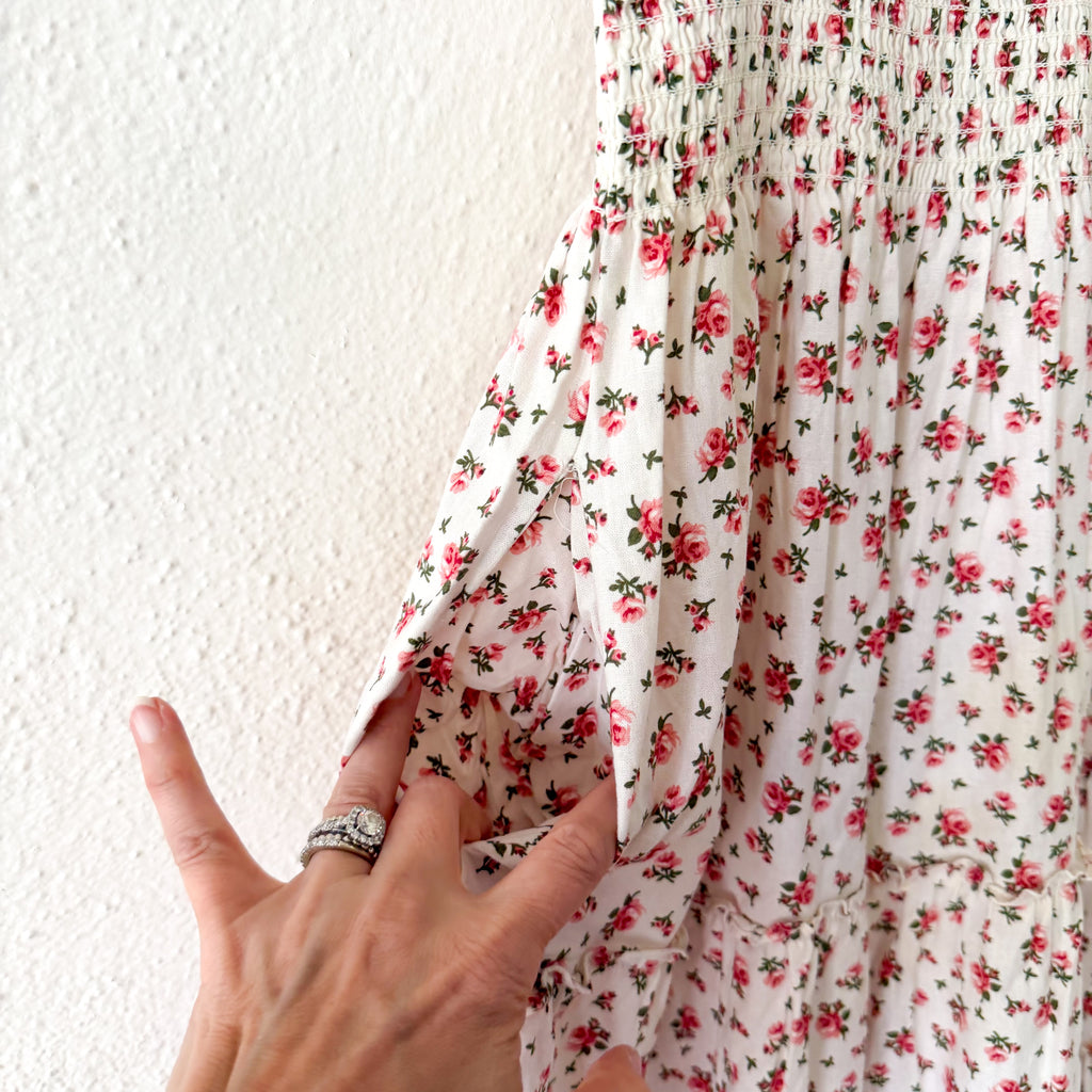 O.P.T. Calypso Cotton Smocked Cream Floral Midi Dress | XS
