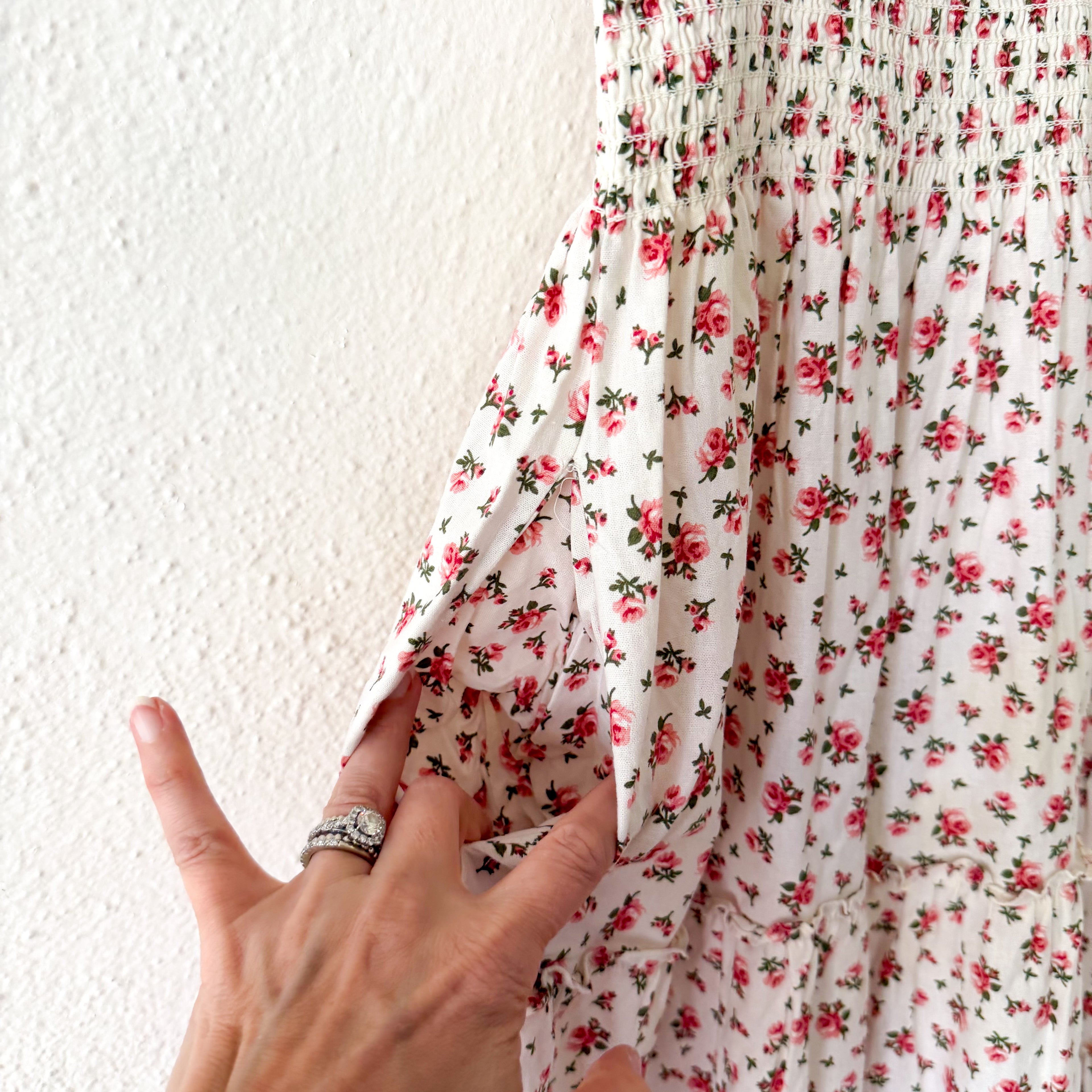 O.P.T. Calypso Cotton Smocked Cream Floral Midi Dress | XS