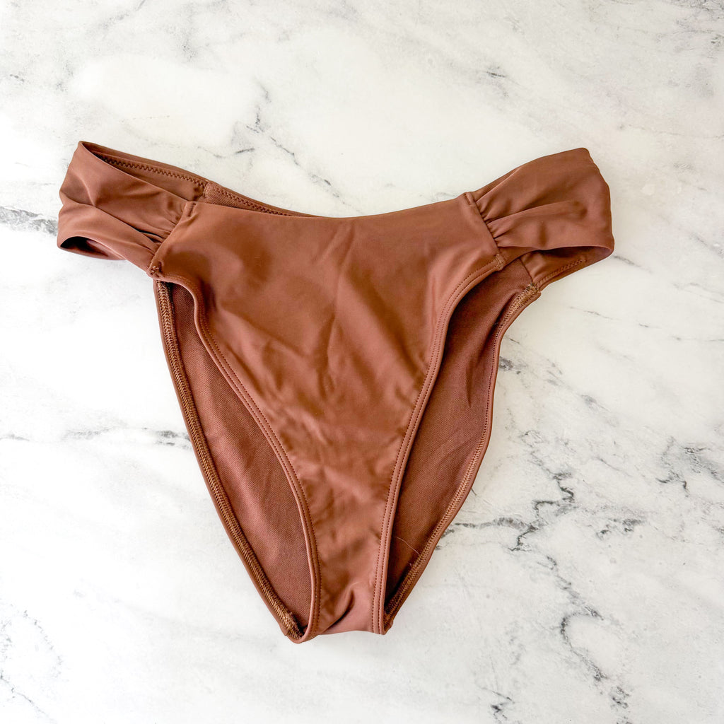 Abercrombie & Fitch Mid-Rise Rouched Side Bikini Bottoms in Brown | S