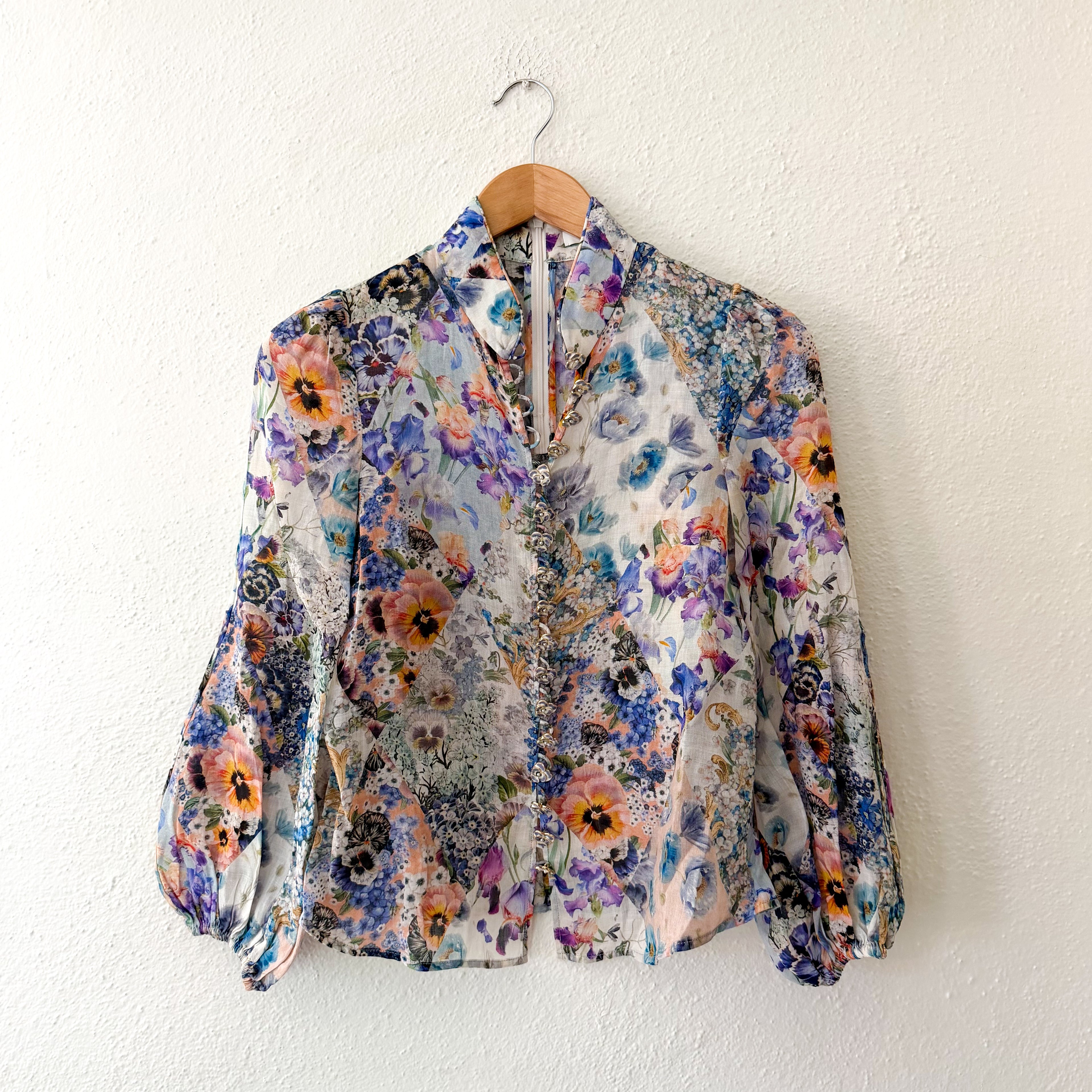 Zimmermann Petite Tama Ramie Pansy Floral Long Sleeve Sheer Blouse | 0P