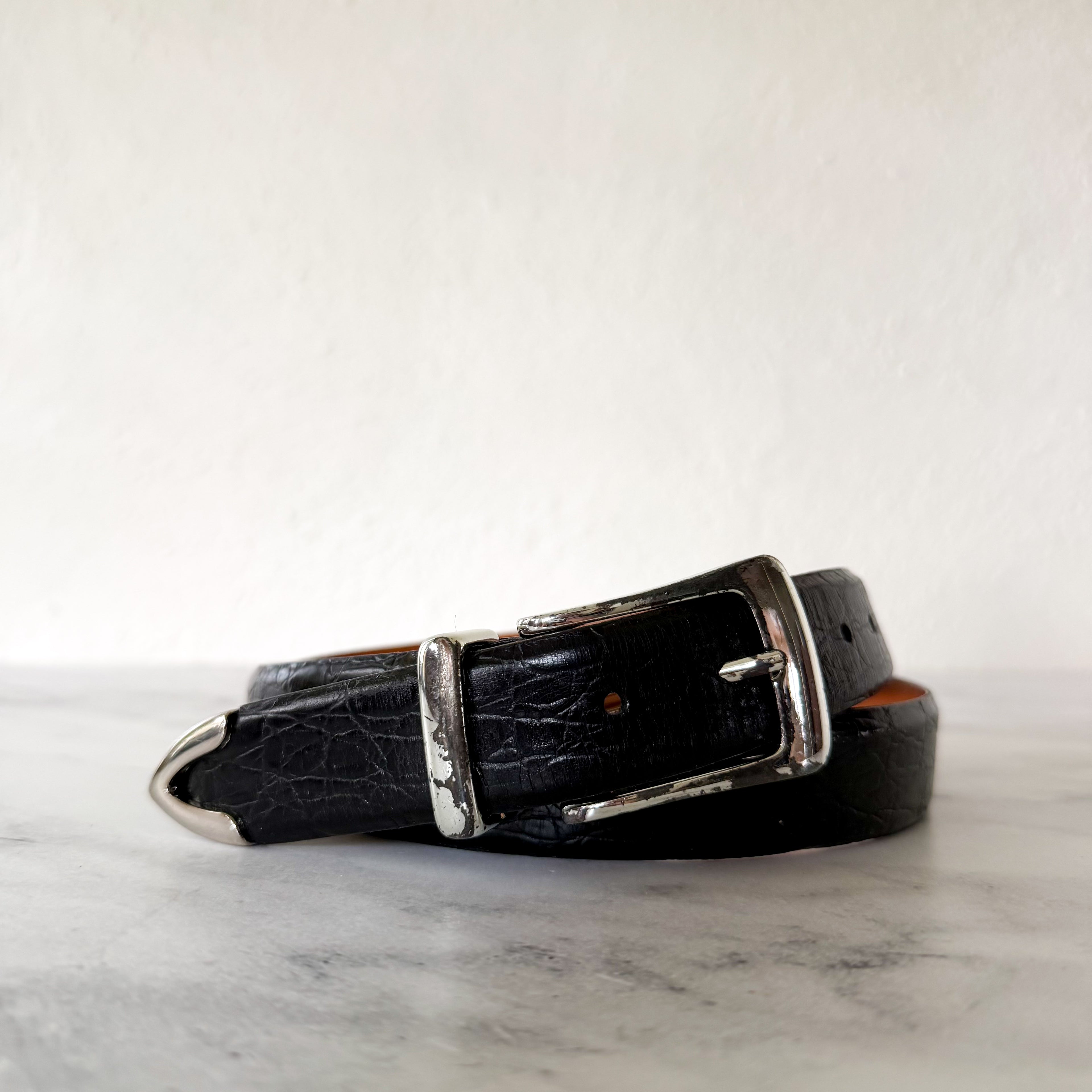 Martin Dingman Black Crocodile Grain Italian Calfskin Belt with Silver Tip | 42