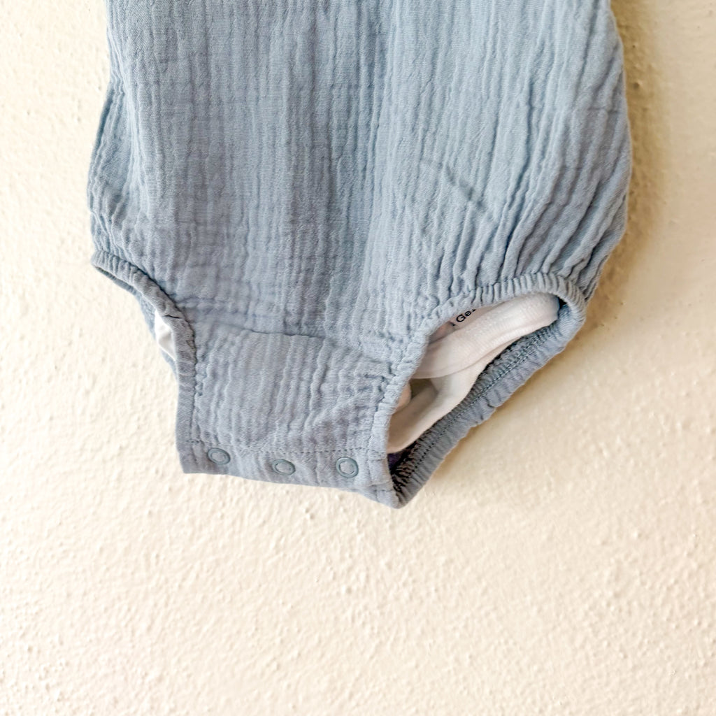 Little Planet Organic Ocean Blue Gauze Bubble Romper Overalls + Gerber White Bodysuit | 6-12m