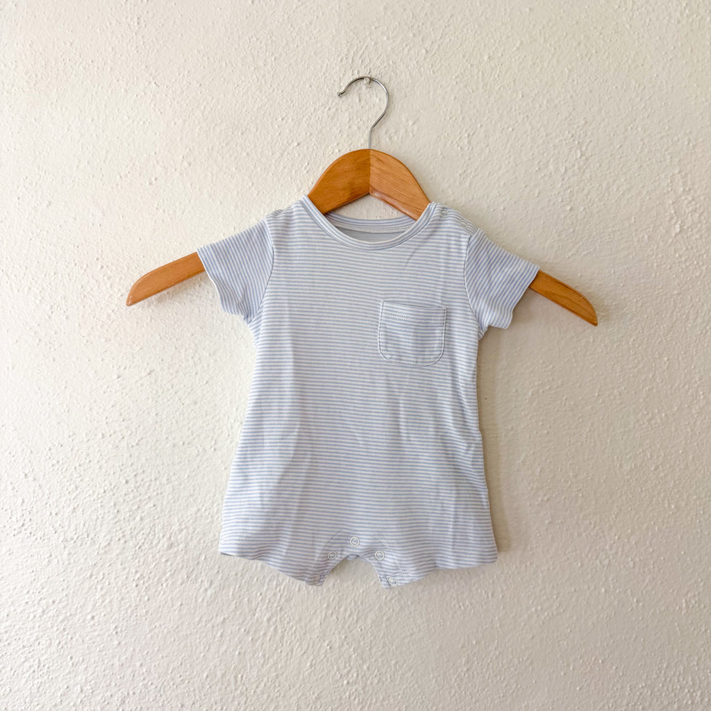 MNG Mango Blue White Pinstripe Short Sleeve Romper with Pocket | 3-6m