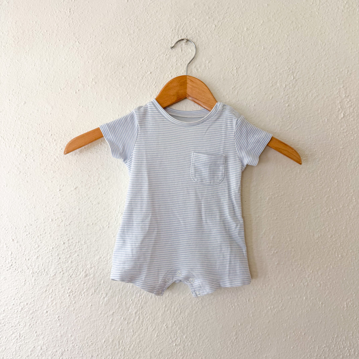 MNG Mango Blue White Pinstripe Short Sleeve Romper with Pocket | 3-6m
