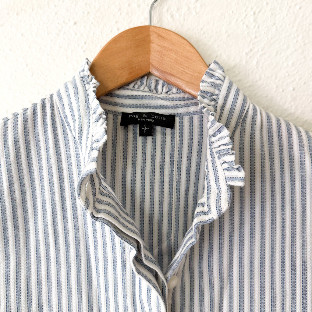 Rag & Bone Jordan Ruffle Neck Long Sleeve Button Up Shirt in Blue Stripe | S