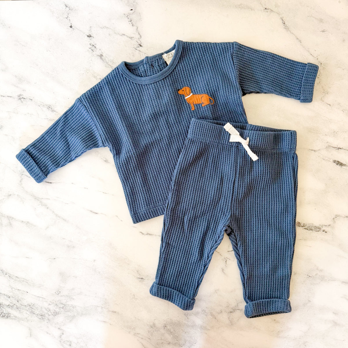 Firsts by Petit Lem Dog Appliqué Navy Blue Thermal Long Sleeve Top Pants Matching Set | 0-3m
