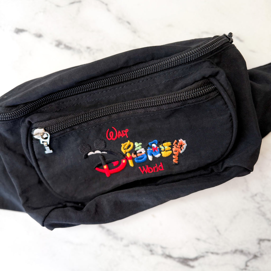 Vintage 90s Walt Disney World Embroidered Fanny Pack | Black Retro Waist Bag