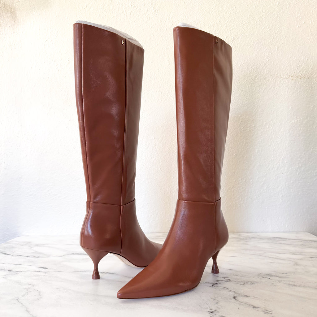 Larroudé Georgia Pointed Toe Boots in Shine Kids Skin Caramel | 6.5