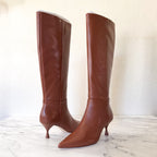 Larroudé Georgia Pointed Toe Boots in Shine Kids Skin Caramel | 6.5
