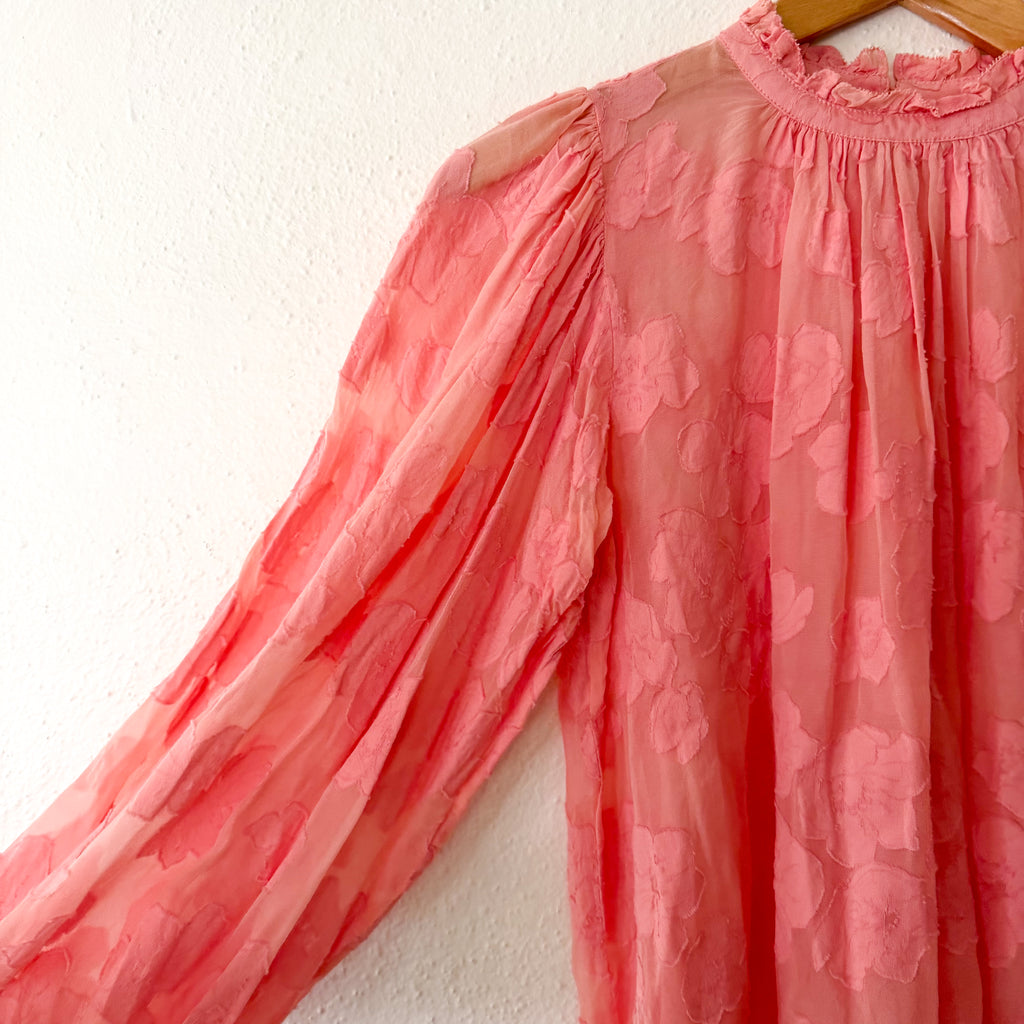 Ulla Johnson Sheer Silk Blend Floral Ruffle Mock Neck in Coral | 2