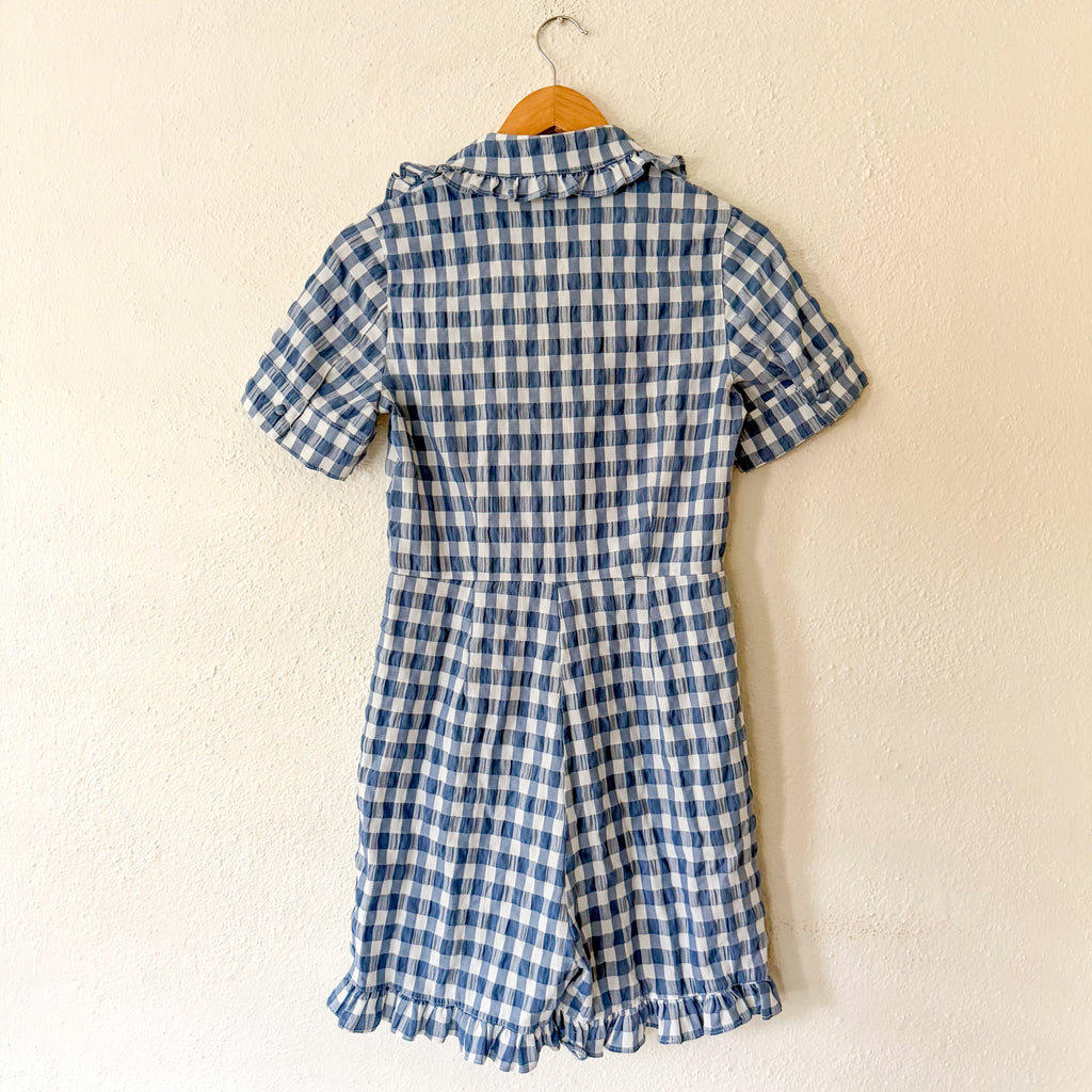 Sister Jane Blue Gingham Ruffle Patch Pocket Romper | XS