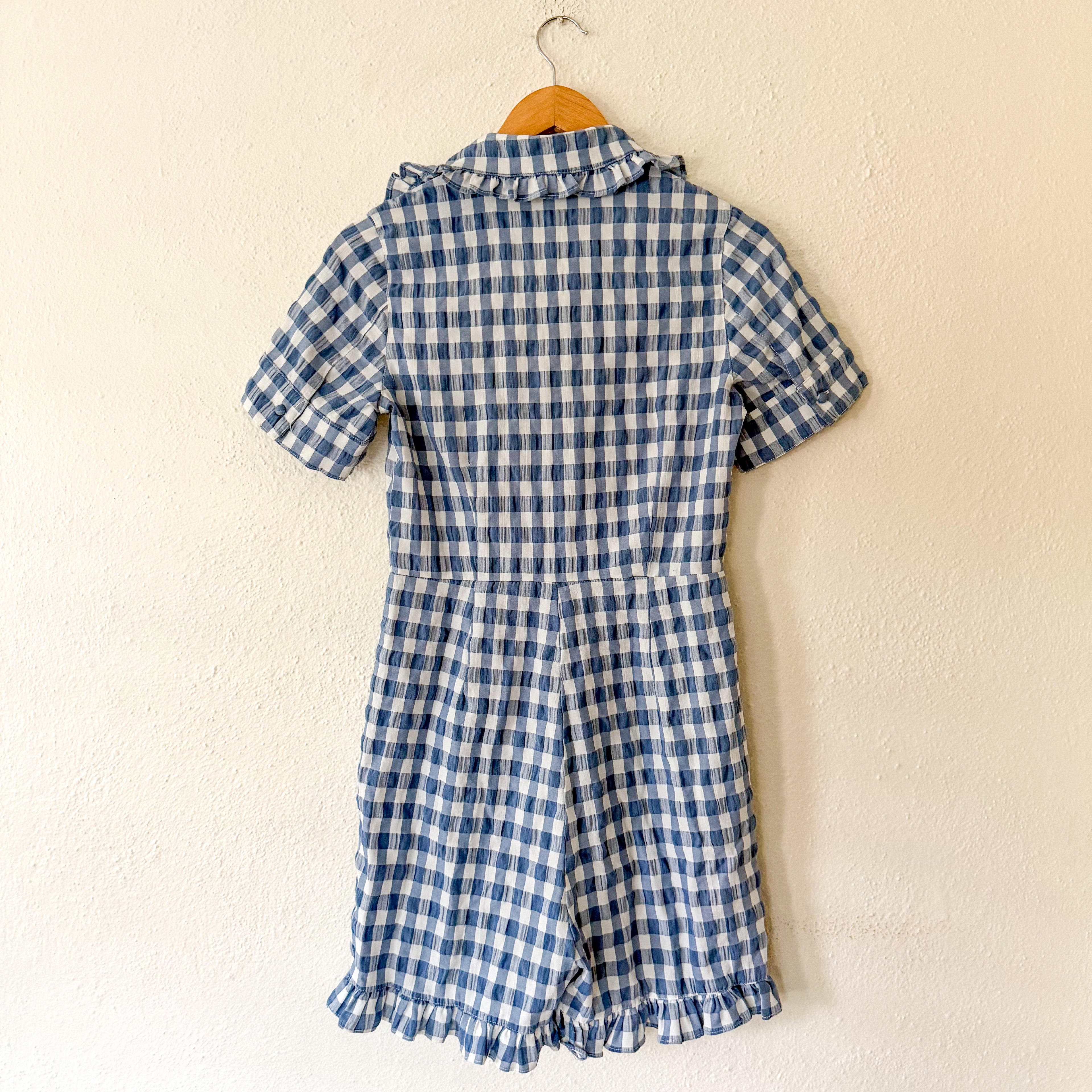 Sister Jane Blue Gingham Ruffle Patch Pocket Romper | XS