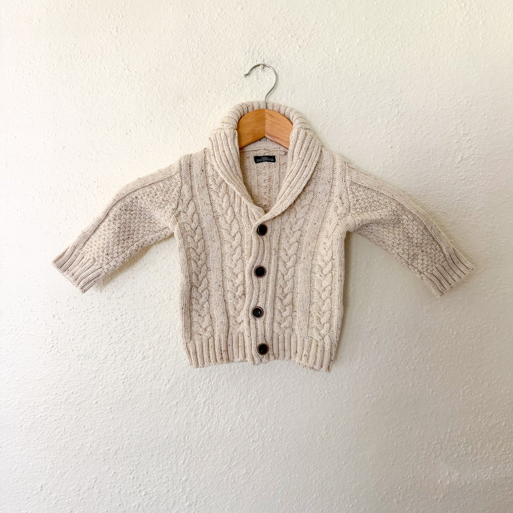 Next Wool Blend Cream Marl Cable Knit Shawl Collar Sweater | 12-18m